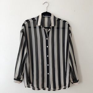 Velour sheer black & white stripe button up blouse